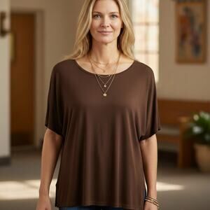 🍂Brown Stretch Knit Raglan Sleeve 🍵Side‑Slit Casual Top Medium – Donna Toran